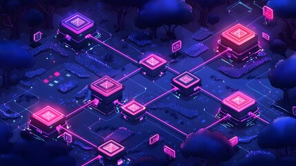 Poster - Futuristic of machine learning pipelines and algorithms visualized in a dark glowing digital environment with neon colored geometric shapes nodes and connections