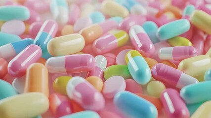 Poster - Pharmaceutical capsules and pills rotating slowly on soft pink background, revealing intricate textures and vibrant colors within medical product composition