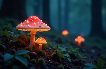 Poster - Mysterious Glowing Mushrooms Dot The Dark Forest Floor, Their Ethereal Light Illuminating The Dense Foliage Around Them Slowly. 00001