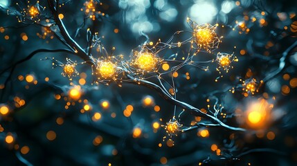 Poster - glowing neural network with luminous digital nodes in a dark mysterious background this abstract
