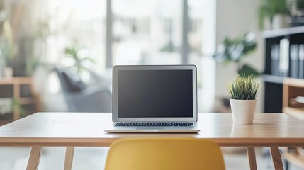 Poster - Conference table with an open laptop in a bright and modern office meeting room.