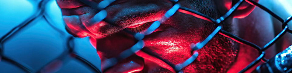 Poster - Man's Face Partially Obscured by Wire Mesh Under Red and Blue Lighting