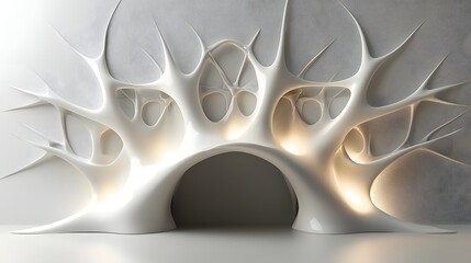 Poster - Captivating 3D render of a glowing radiant conceptual neural network structure in a minimalist geometric architectural design  The intricate interconnected shapes create a futuristic technological
