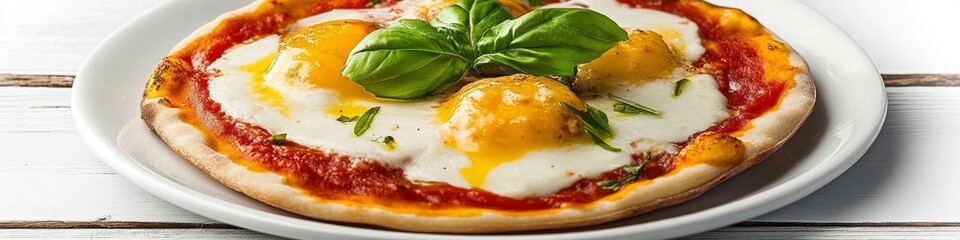 Wall Mural - Delicious Pizza with Eggs, Tomatoes, Cheese, and Basil on a White Rustic Wooden Background