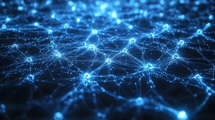 Poster - Visually captivating abstract depicting a futuristic neural network system glowing in a vibrant digital blue hue showcasing the interconnected nature of technology and data