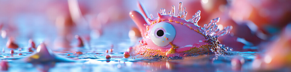 Poster - digital rendering of pink eye-shaped object in blue liquid