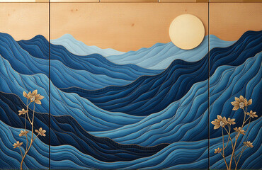 Poster - The Koto Wood Panel Features An Exotic Blue Pattern With A Textured, Panoramic Design Reminiscent Of An Exotic Landscape. 00001