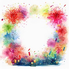 Wall Mural - border frame of colorful fireworks on white background with copy space for text