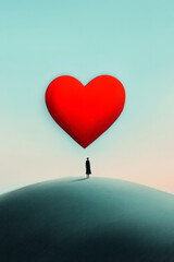 Poster - A solitary silhouette standing under a heart form integrated into rolling hills, smooth pastel