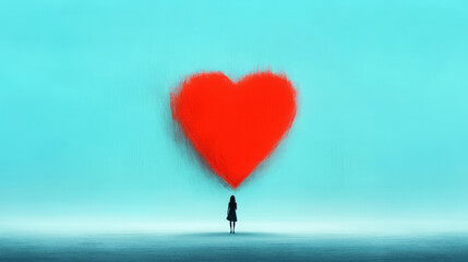 Poster - A solitary figure framed by a heart that morphs into surrounding forms, gentle gradient tones