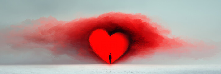 Poster - A surreal tableau of one person under a heart-like formation blending into the land, fluid color