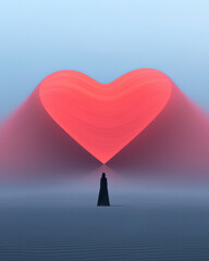 Poster - A minimalistic panorama where a heart shape dissolves into the background, a lone figure quietly