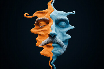 Poster - A surreal floating face materializing from smooth fluid shapes in shimmering blue and orange tones,