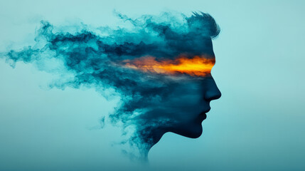 Poster - A surreal portrait forming within flowing, molten shapes lit by vivid blues and oranges, drifting