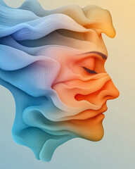 Poster - A hypnotic floating face emerging from waves of liquid color in warm oranges and cool blues, soft