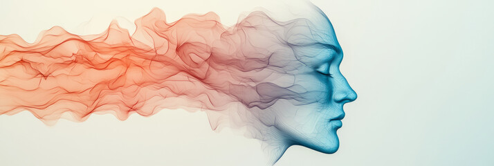 Wall Mural - A ghostly face fading into fluid, iridescent shapes with bright blue and orange glows, soft ripples