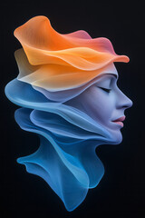 Poster - A floating visage coming to life in swirling ribbons of neon blues and oranges, delicate light