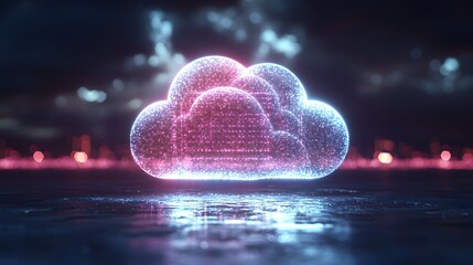 Poster - Glowing luminescent cloud like data storage platform with suspended floating technology elements emitting a radiant ethereal light  This futuristic