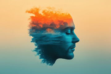 Poster - A half-submerged face suspended in smooth, flowing shapes, electric blues and sunset oranges