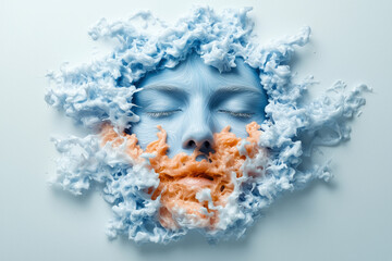 Aufkleber - A face sculpted from pulsing blue and orange liquid forms, delicate wave-like ripples enveloping it