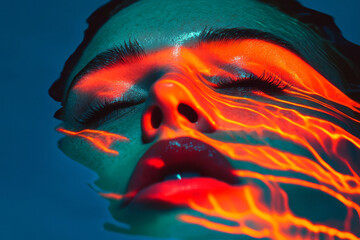 Aufkleber - A half-submerged face suspended in smooth, flowing shapes, electric blues and sunset oranges