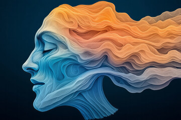 Poster - A face sculpted from pulsing blue and orange liquid forms, delicate wave-like ripples enveloping it