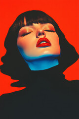 Aufkleber - An intense portrait of a woman drenched in blue glow, surrounded by fluid red forms, with