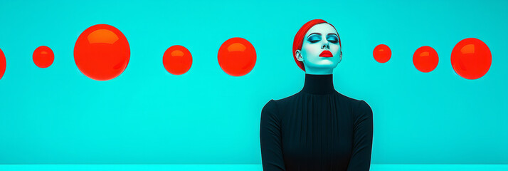 Poster - A womanâ€™s face gently lit by cool blue hues, glossy red orbs hovering around her in an organic,