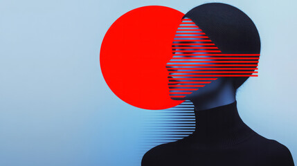 Poster - A minimalistic yet futuristic portrait where vibrant red textures encircle a womanâ€™s serene,