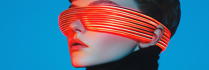 Poster - A meditative close-up where fluid red structures encase a womanâ€™s calm, blue-illuminated visage,