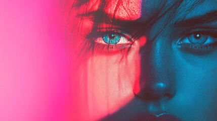 Poster - An ethereal portrait of a woman highlighted by cool blue light, with glossy red shapes shifting