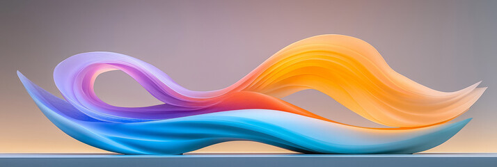 Poster - a sleek, curved sculpture in energetic hues of blue, purple, and orange, with cascading highlights