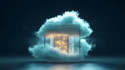 Poster - Glowing Conceptual of Secure Digital Data Storage in Floating Cloud  3D Rendered Image of Futuristic Technology Cybersecurity and Data Management Innovation