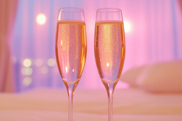 Poster - Close-up of twinkling champagne bubbles in graceful flutes, the warm bokeh behind them creating a