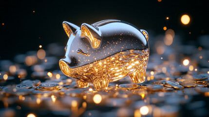 Poster - A playful money-saving composition displaying a gloss-finished piggy bank encircled by twinkling