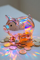 Poster - A radiant piggy bank with a brilliant sheen, nestled in gleaming coins, offering an inviting