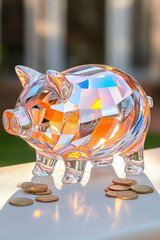 Poster - A radiant piggy bank with a brilliant sheen, nestled in gleaming coins, offering an inviting