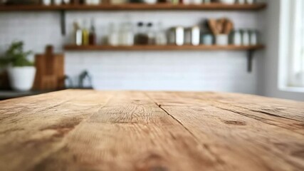 Poster - Wooden table surface revealing kitchen interior through soft focused blur, showcasing shelves, containers, and natural window lighting in calm slow motion sequence