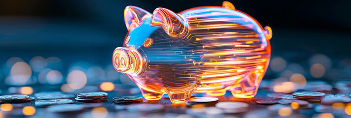 Aufkleber - An eye-catching financial still life with a glossy piggy bank, highlighted by luminous coins spread