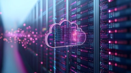 Poster - Dynamic cloud storage concept with data and information transferring across interconnected digital systems and networks  showcasing the future of data infrastructure and cyber technology