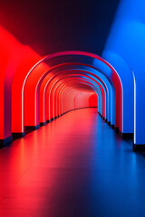 Leinwandbilder - A neon-lit hallway of iridescent, glass-like structures, where red and blue hues converge to form a