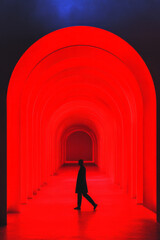 Fototapete - A neon-lit hallway of iridescent, glass-like structures, where red and blue hues converge to form a