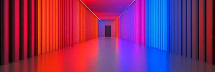 Leinwandbilder - A long corridor built with transparent, glowing panels reflecting red and blue lights, evoking a