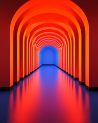 Poster - A sleek glass corridor glowing in vibrant red and electric blue, the reflections dancing along