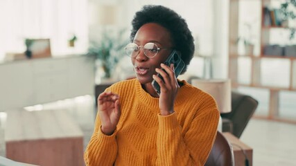 Leinwandbilder - Happy, black woman or agent with phone call for online advice, discussion or conversation at home office. Female person, consultant or employee talking with smile on mobile smartphone for remote help