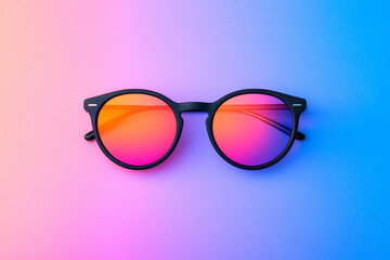 Poster - Stylish round sunglasses with bright pink and orange reflective lenses resting on a bold,