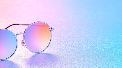 Poster - A close-up of chic round sunnies with neon pink and orange mirrored lenses, placed on a textured,