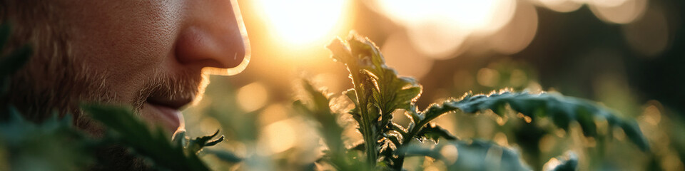 Poster - Man Smelling Plant in Sunset Light