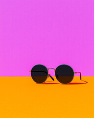 Poster - On a lively, mixed-color surface, stylish circular sunglasses reflect bold pink and orange tones,