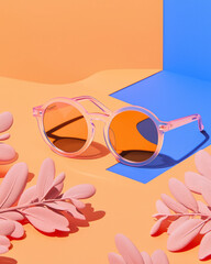 Aufkleber - On a lively, mixed-color surface, stylish circular sunglasses reflect bold pink and orange tones,